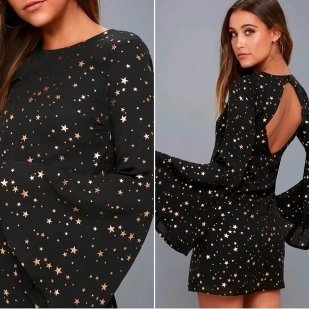 Lulu's Black & Rose Gold Extra Celestial Star Print Shift Dress - Picture 2 of 6